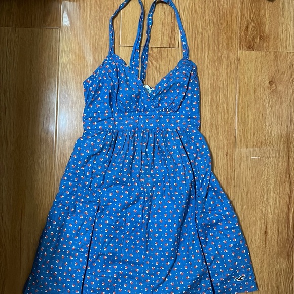 Women's Hollister Blue Polka Dot Summer Dress w/ Pockets and Scrunched Back - Picture 1 of 10
